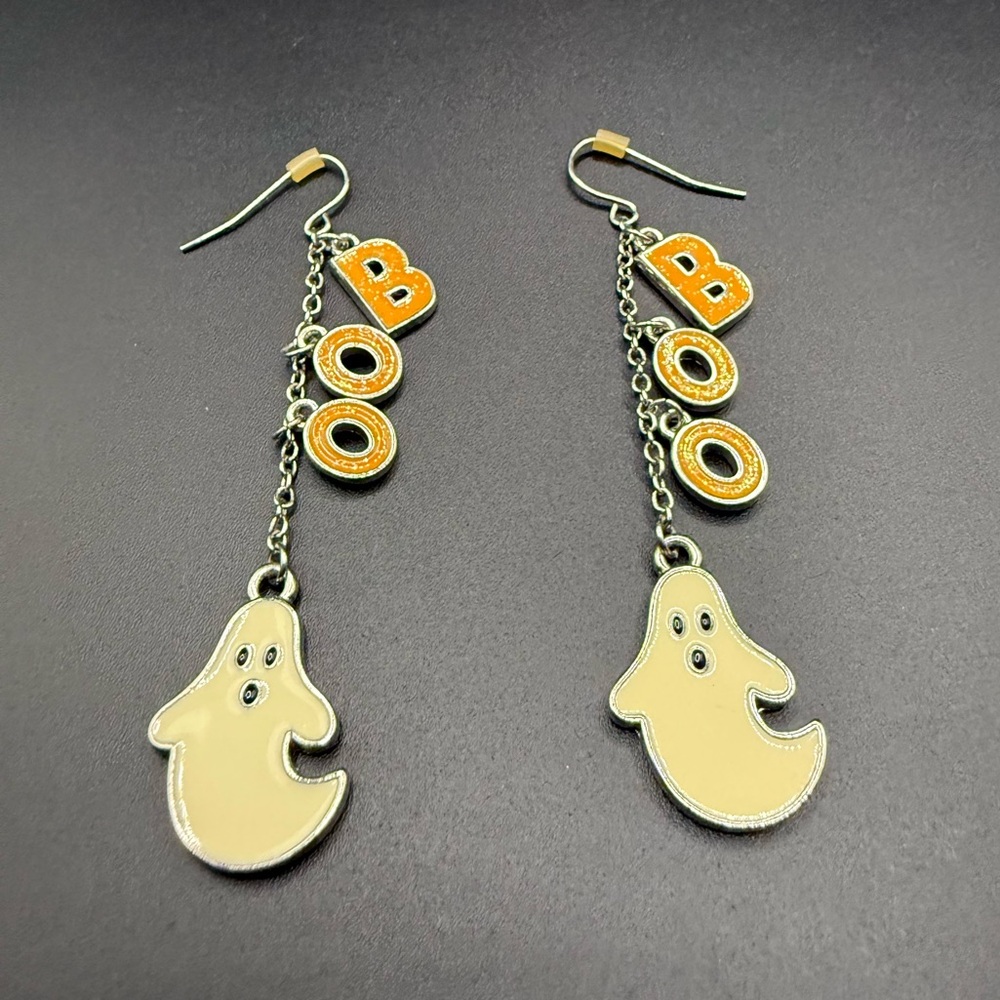 Halloween Ghost Dangle Silver Tone Earrings with BOO Charms